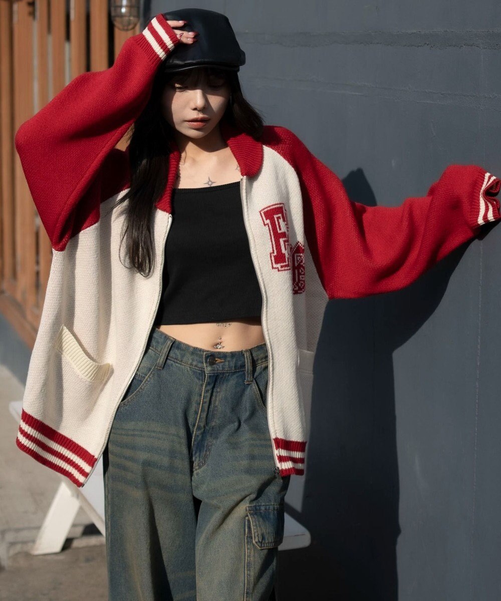 WEGO 【ユニセックス着用ITEM】グラフィックZIPニットブルゾン 