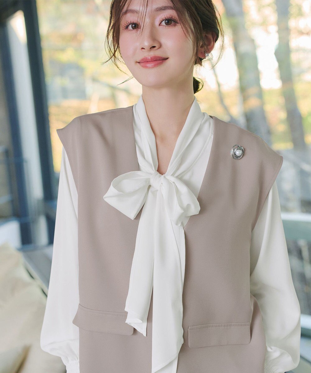 Tiaclasse 【ブラウス&ベスト&パンツ3点セット】リボンタイブラウス＋ベスト付き 3点セットアップ 