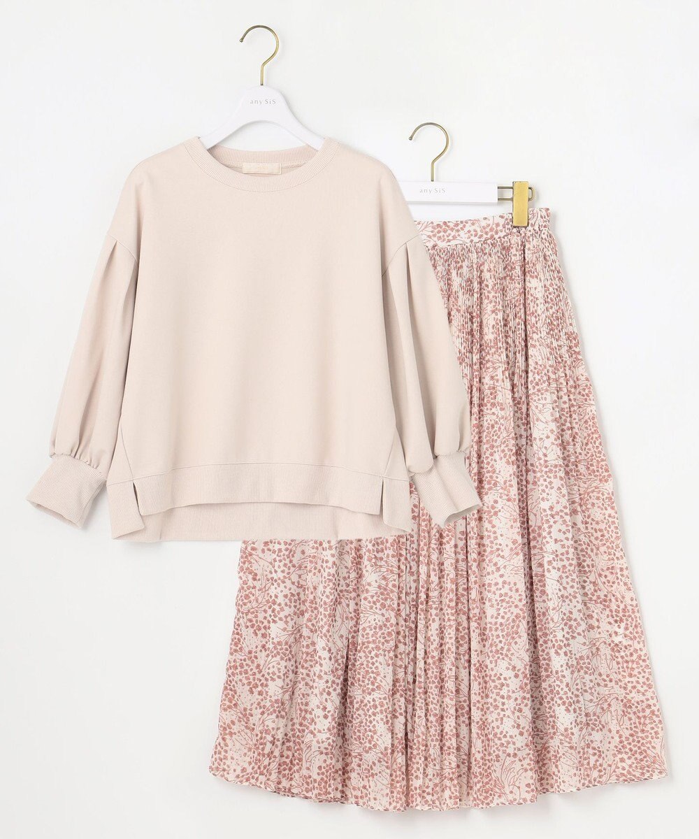 ANY SIS 【2SET】タックスリーブ トップス × フラワープリント スカート 