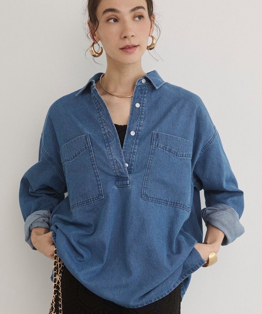 WEGO 【ANGIE VINTAGE】襟が選べる デニム プルオーバー シャツ（バンドカラー/レギュラー） 