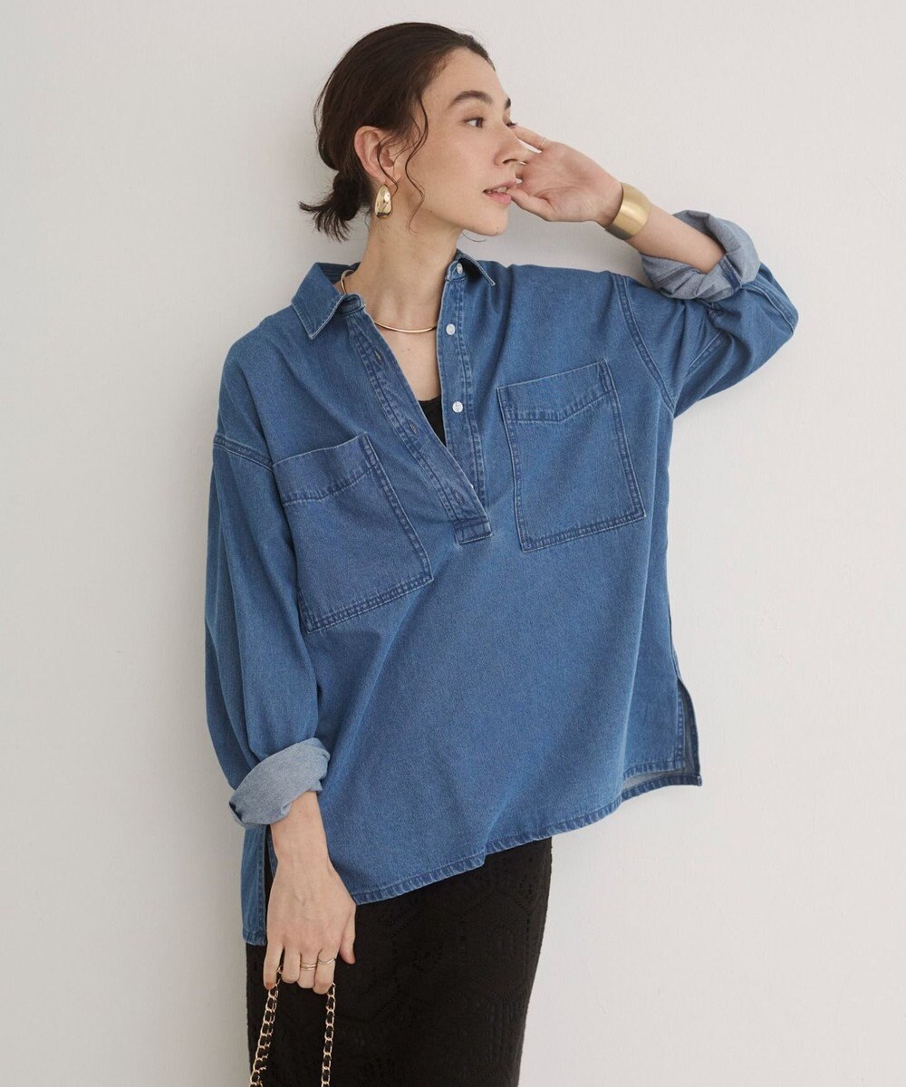 WEGO 【ANGIE VINTAGE】襟が選べる デニム プルオーバー シャツ（バンドカラー/レギュラー） 