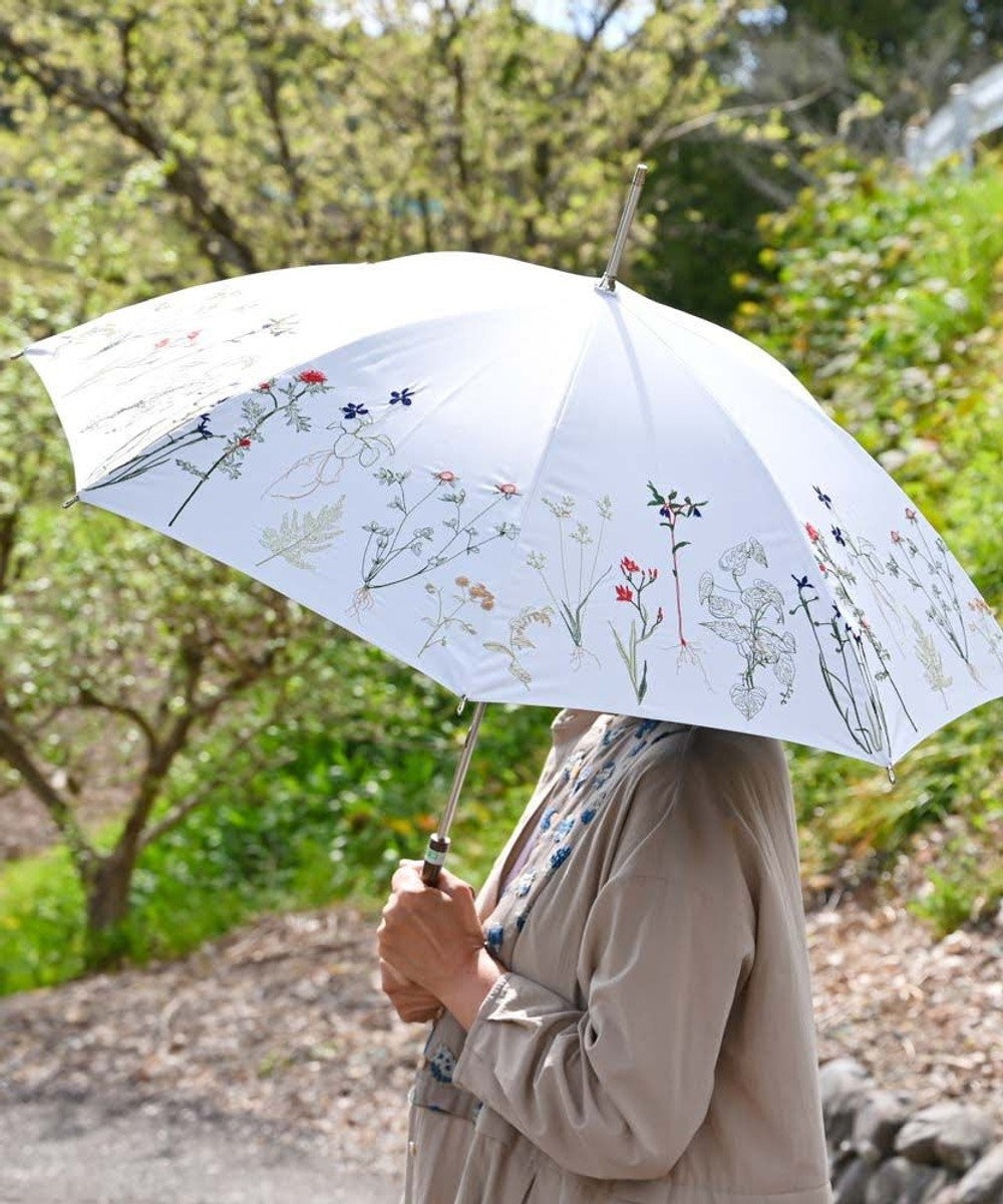 AND WOOL 〈UVカット率99%以上・一級遮光生地・晴雨兼用〉ボタニカル刺繍の日傘 （長傘タイプ） ホワイト