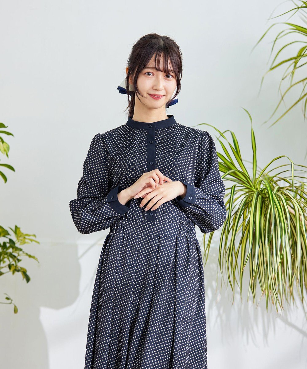 Tiaclasse 【新色追加・洗える】配色バンドカラー幾何学柄ワンピース 