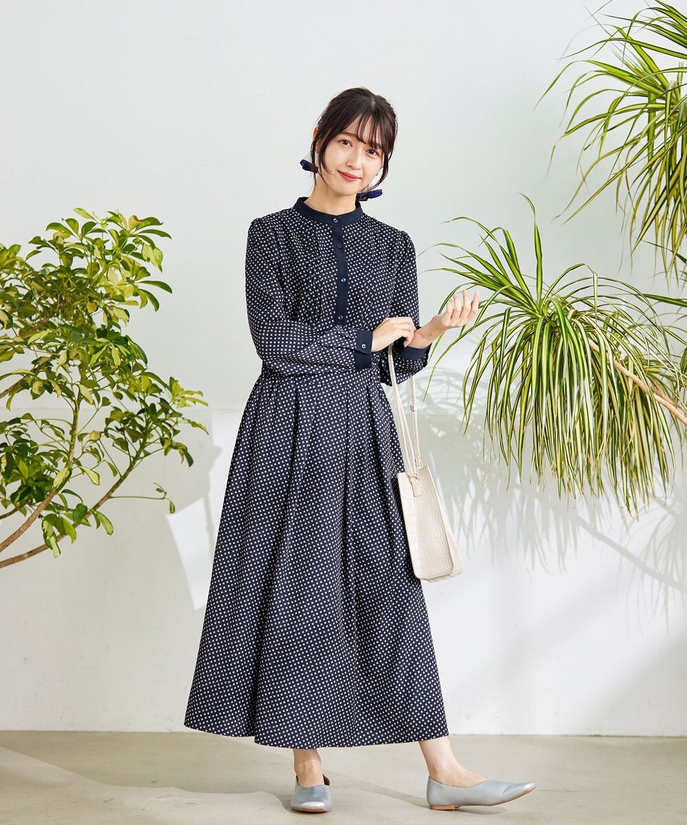 Tiaclasse 【新色追加・洗える】配色バンドカラー幾何学柄ワンピース 