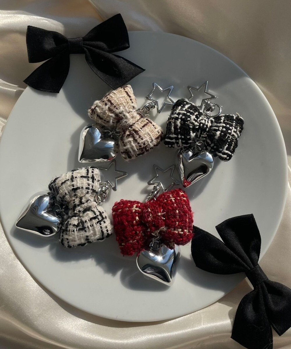 WEGO ツイードリボンハートキーホルダー 