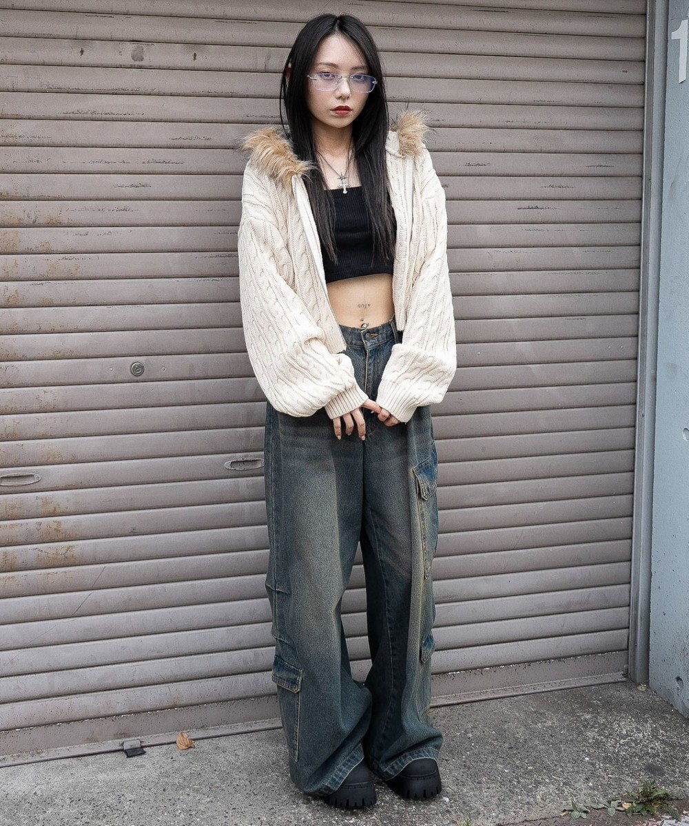 WEGO フェイクファー付きケーブルニットパーカー 