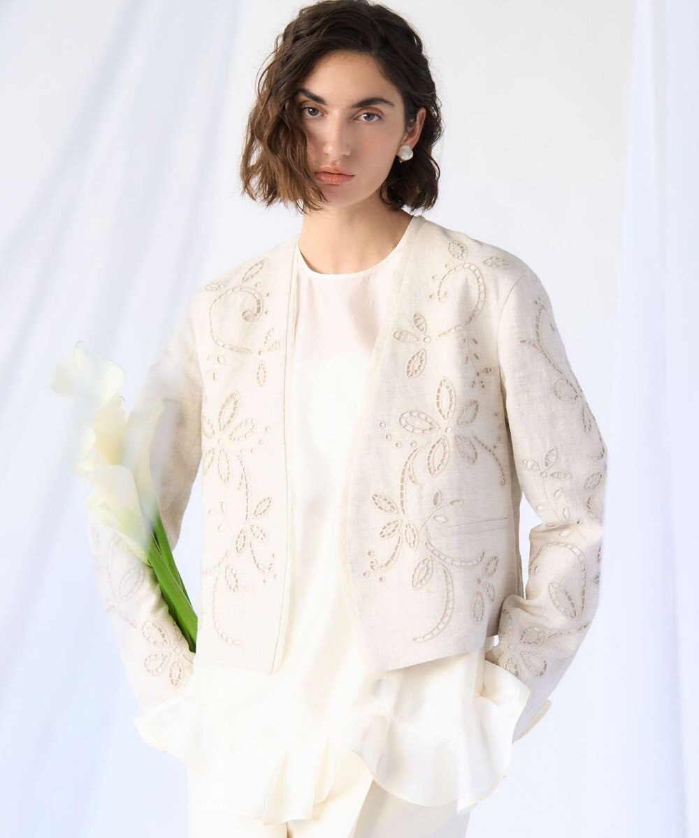 23区 【GOLD LABEL/見上愛さん着用】リネンエンブロイダリー ノーカラージャケット 