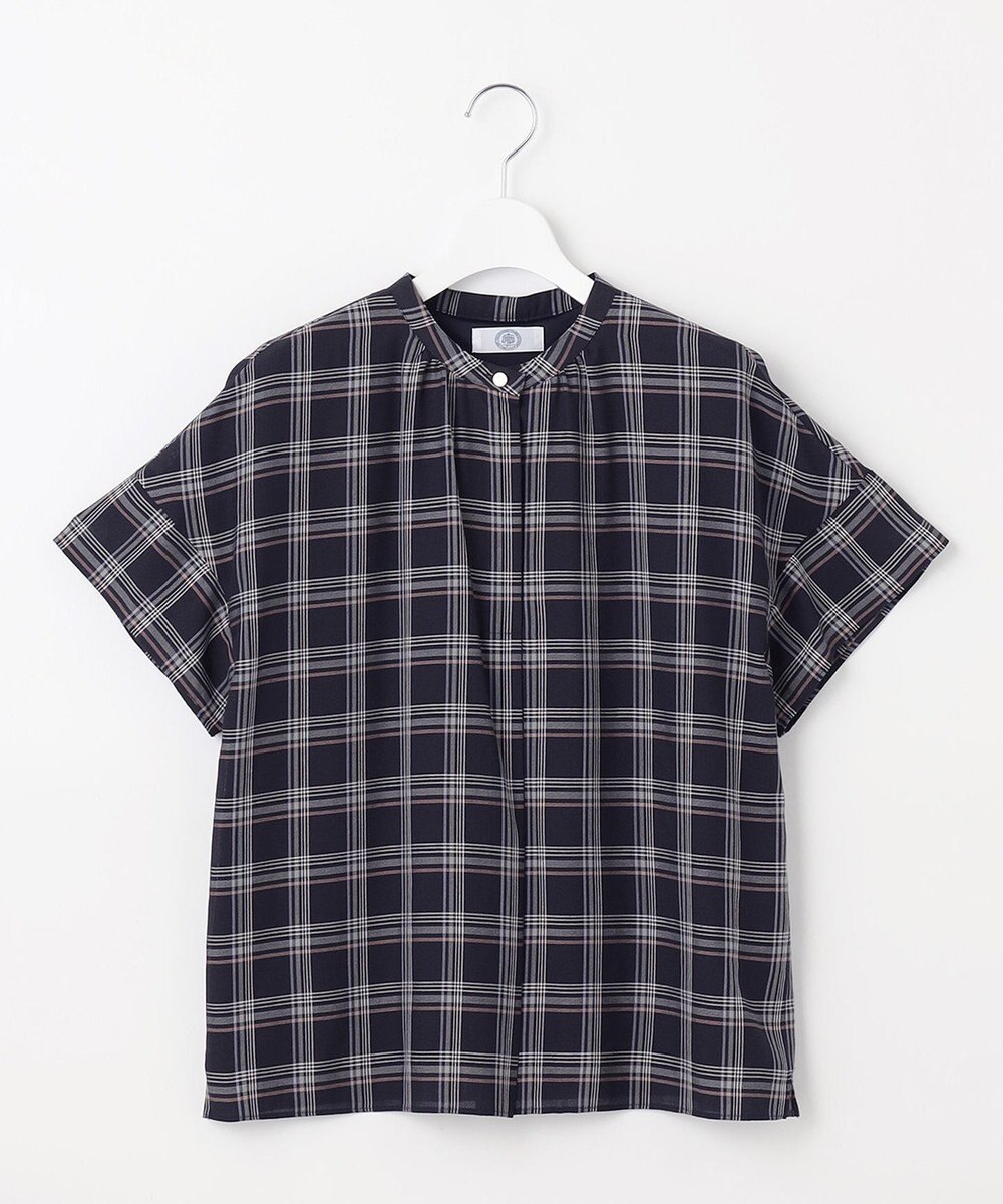 J.PRESS LADIES シアーストライプチェック フレンチスリーブ バンドカラー カットソー 