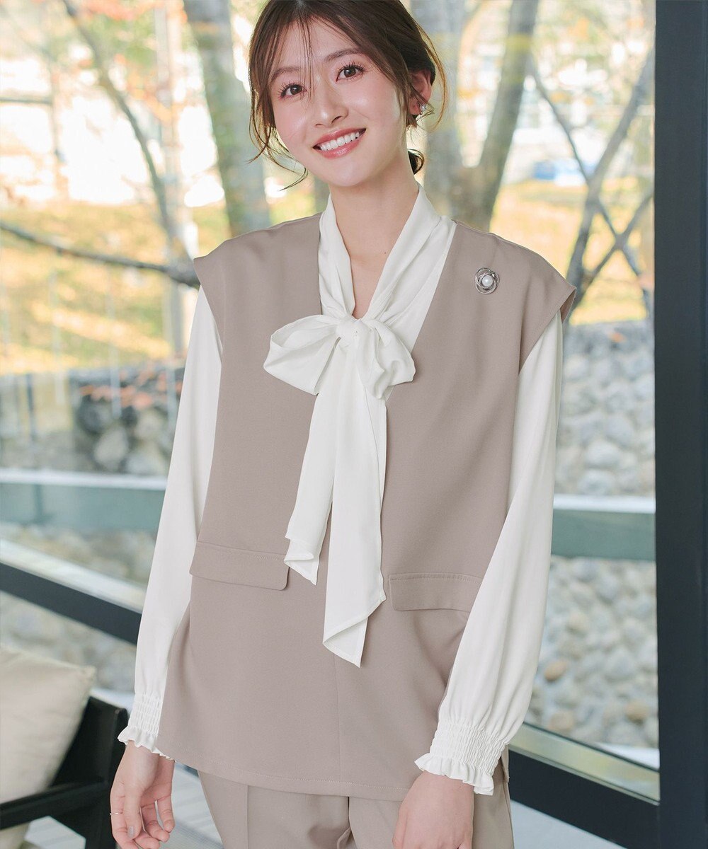 Tiaclasse 【ブラウス&ベスト&パンツ3点セット】リボンタイブラウス＋ベスト付き 3点セットアップ 