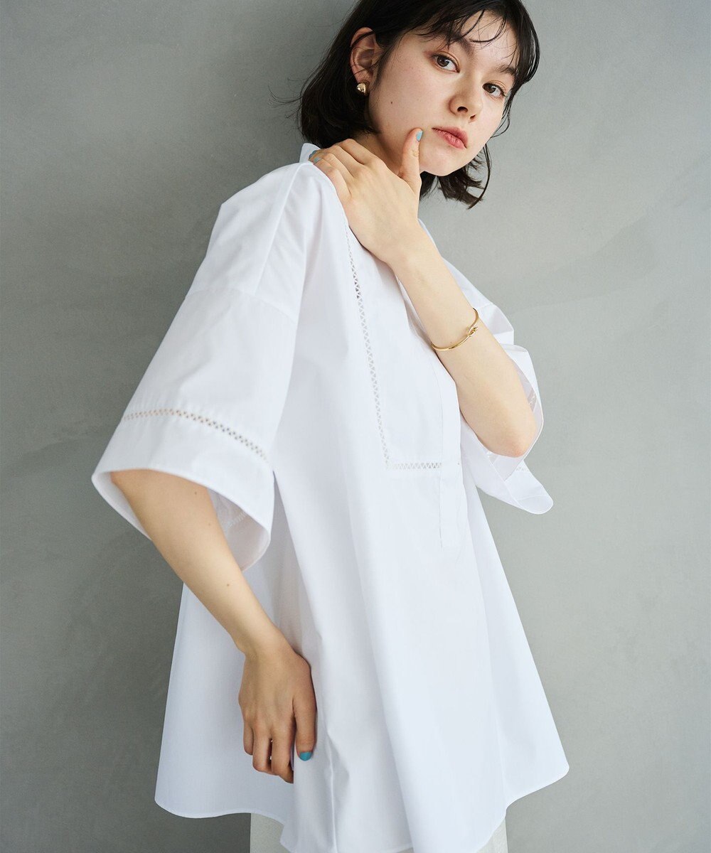 #Newans 【洗える/セットアップ可能】ハシゴレースビブデザインシャツ 