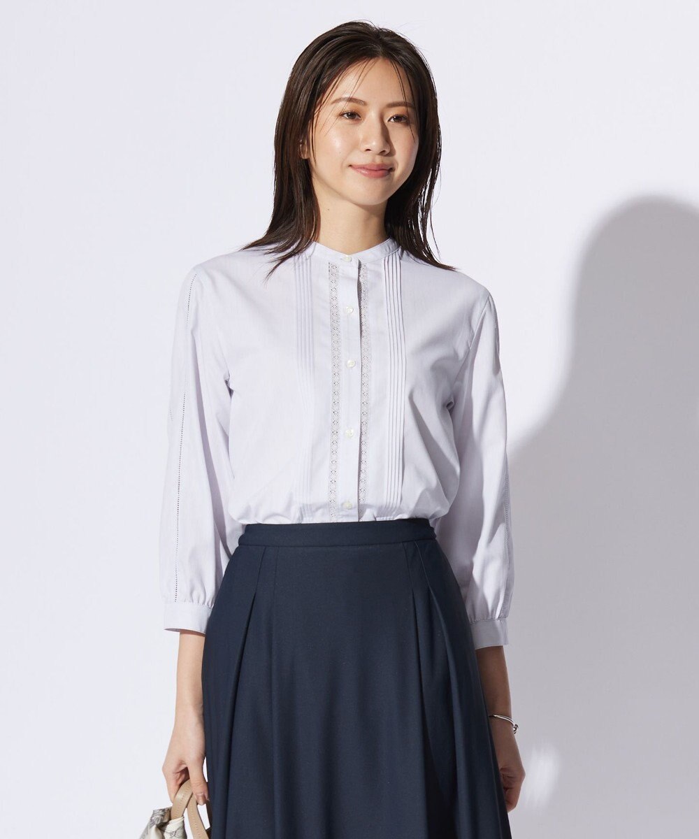 J.PRESS LADIES 【洗える】シャンブレー バンドカラー ピンタック ブラウス 