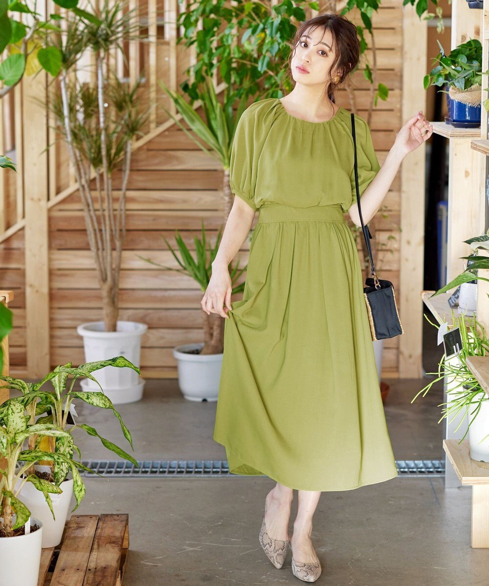 Tiaclasse 【洗える】麻調ギャザーワンピース 