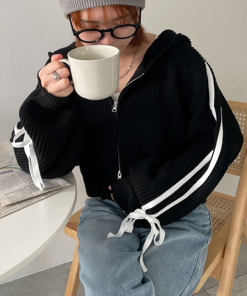 WEGO ラインリボンダブルジップニットパーカー 