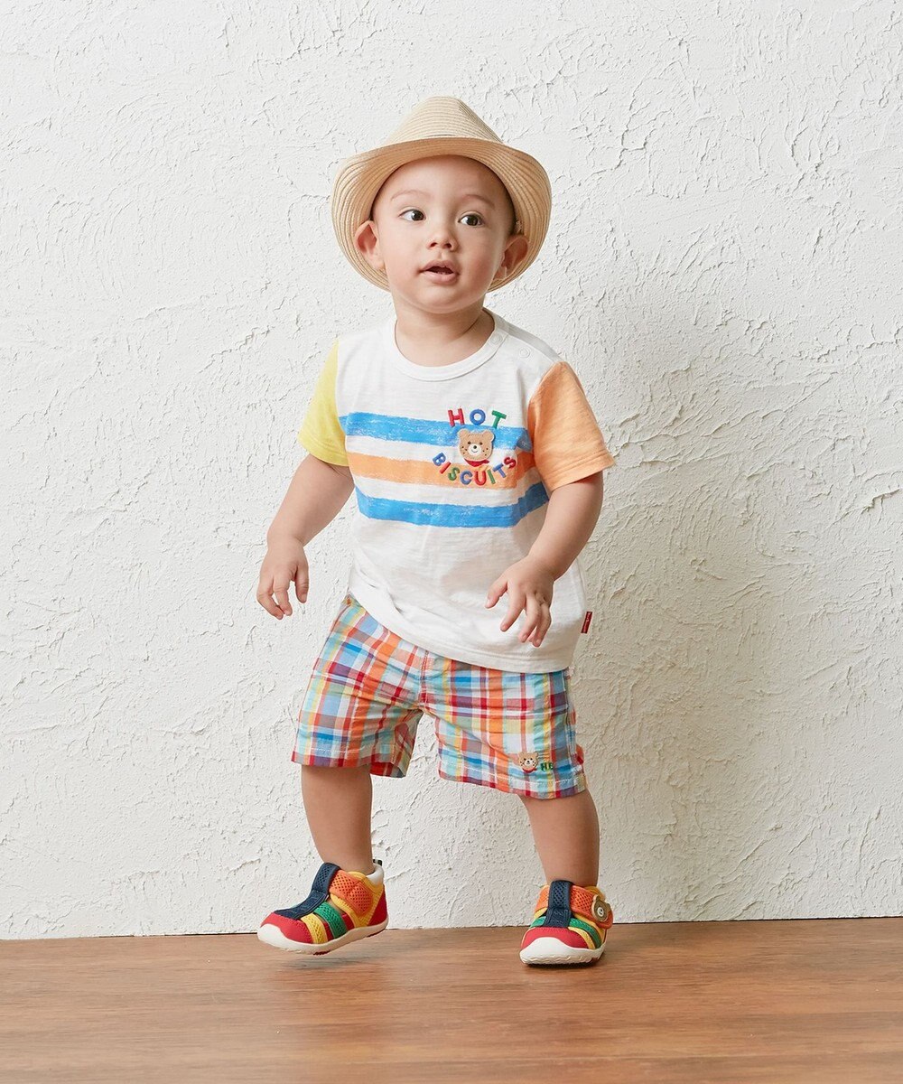 MIKI HOUSE HOT BISCUITS かすれプリント 袖配色 半袖Tシャツ 