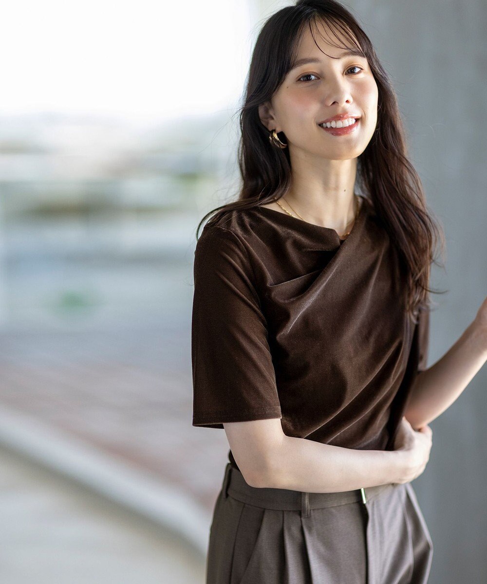 ANY SIS S 【洗える】シアーベロアドレープ Tシャツ 