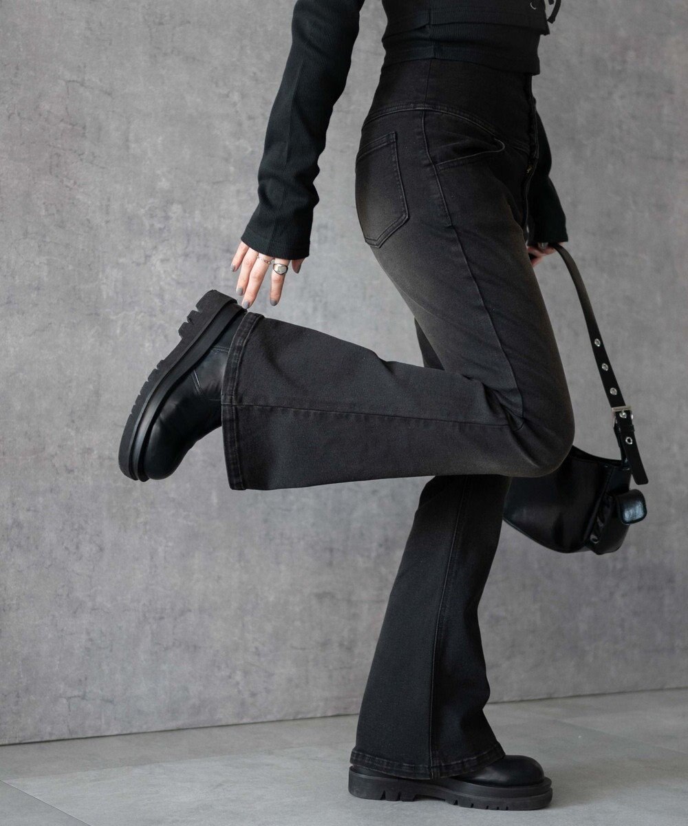 WEGO ハイウエストストレッチフレアデニムパンツ 