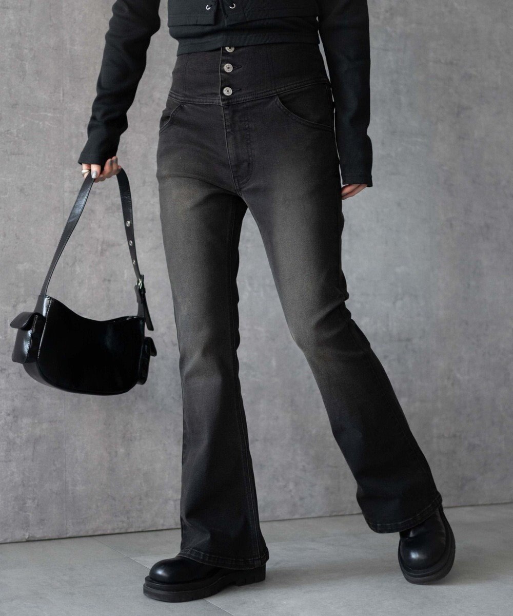 WEGO ハイウエストストレッチフレアデニムパンツ 