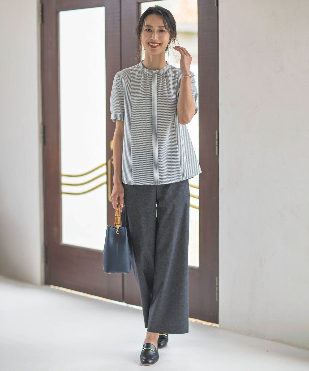 J.PRESS LADIES L 【洗える】麻ポリエステルストレッチ ワイド パンツ 