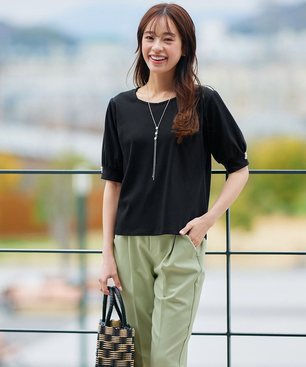 Tiaclasse L 【小倉優子さん着用・洗える・接触冷感・汗ジミ防止】“サマさまカットソー”パール付きパフスリーブトップス 