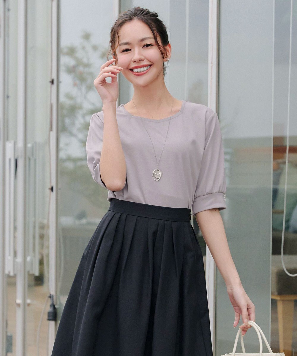 Tiaclasse L 【小倉優子さん着用・洗える・接触冷感・汗ジミ防止】“サマさまカットソー”パール付きパフスリーブトップス 