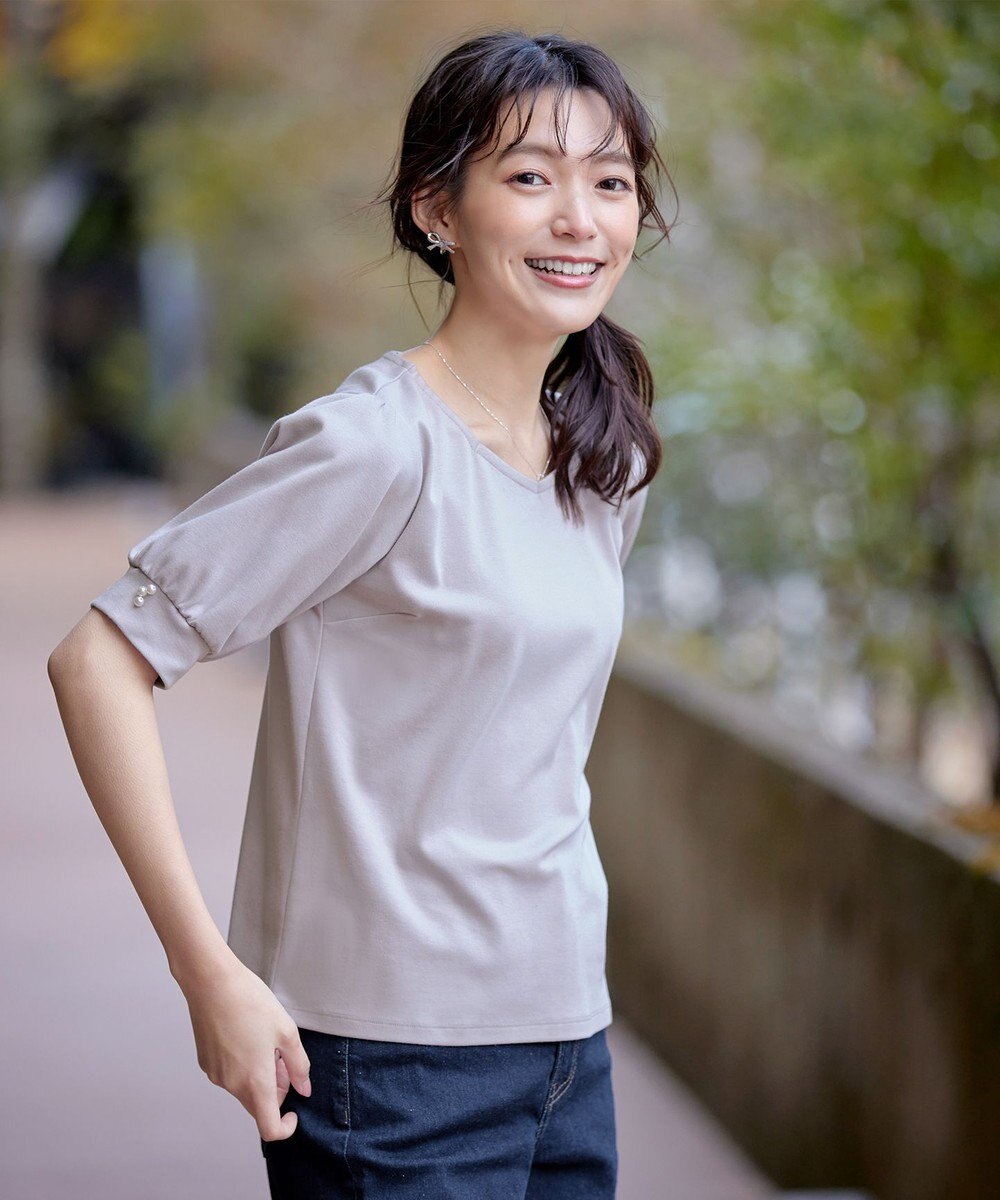 Tiaclasse L 【小倉優子さん着用・洗える・接触冷感・汗ジミ防止】“サマさまカットソー”パール付きパフスリーブトップス 