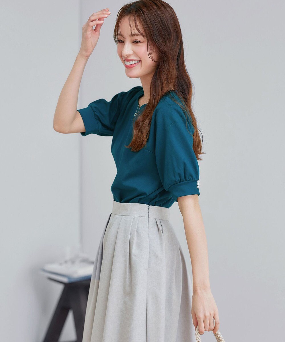 Tiaclasse L 【小倉優子さん着用・洗える・接触冷感・汗ジミ防止】“サマさまカットソー”パール付きパフスリーブトップス 