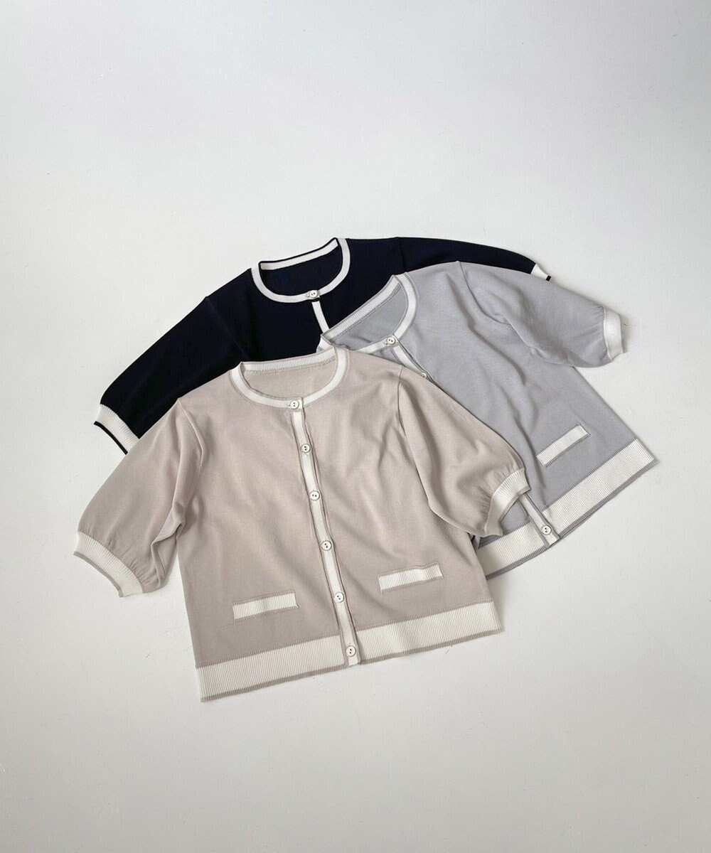 Feroux 【洗える】バイカラーハーフスリーブ カーディガン 