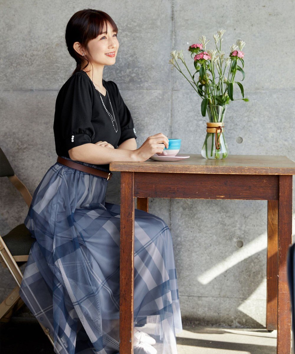 Tiaclasse L 【小倉優子さん着用・洗える・接触冷感・汗ジミ防止】“サマさまカットソー”パール付きパフスリーブトップス 