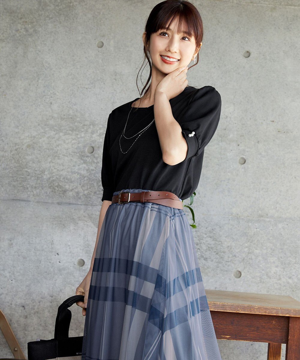 Tiaclasse L 【小倉優子さん着用・洗える・接触冷感・汗ジミ防止】“サマさまカットソー”パール付きパフスリーブトップス 