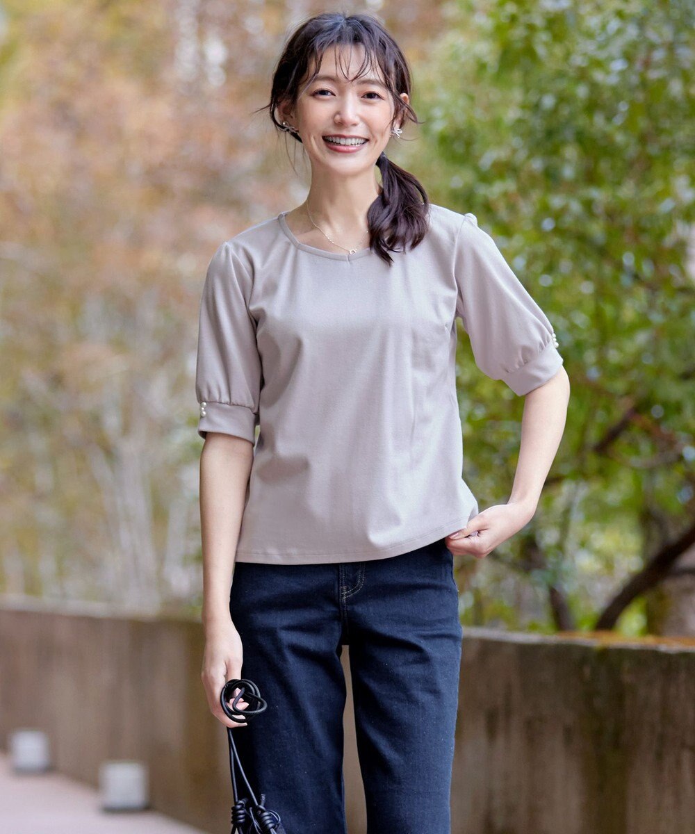 Tiaclasse L 【小倉優子さん着用・洗える・接触冷感・汗ジミ防止】“サマさまカットソー”パール付きパフスリーブトップス 