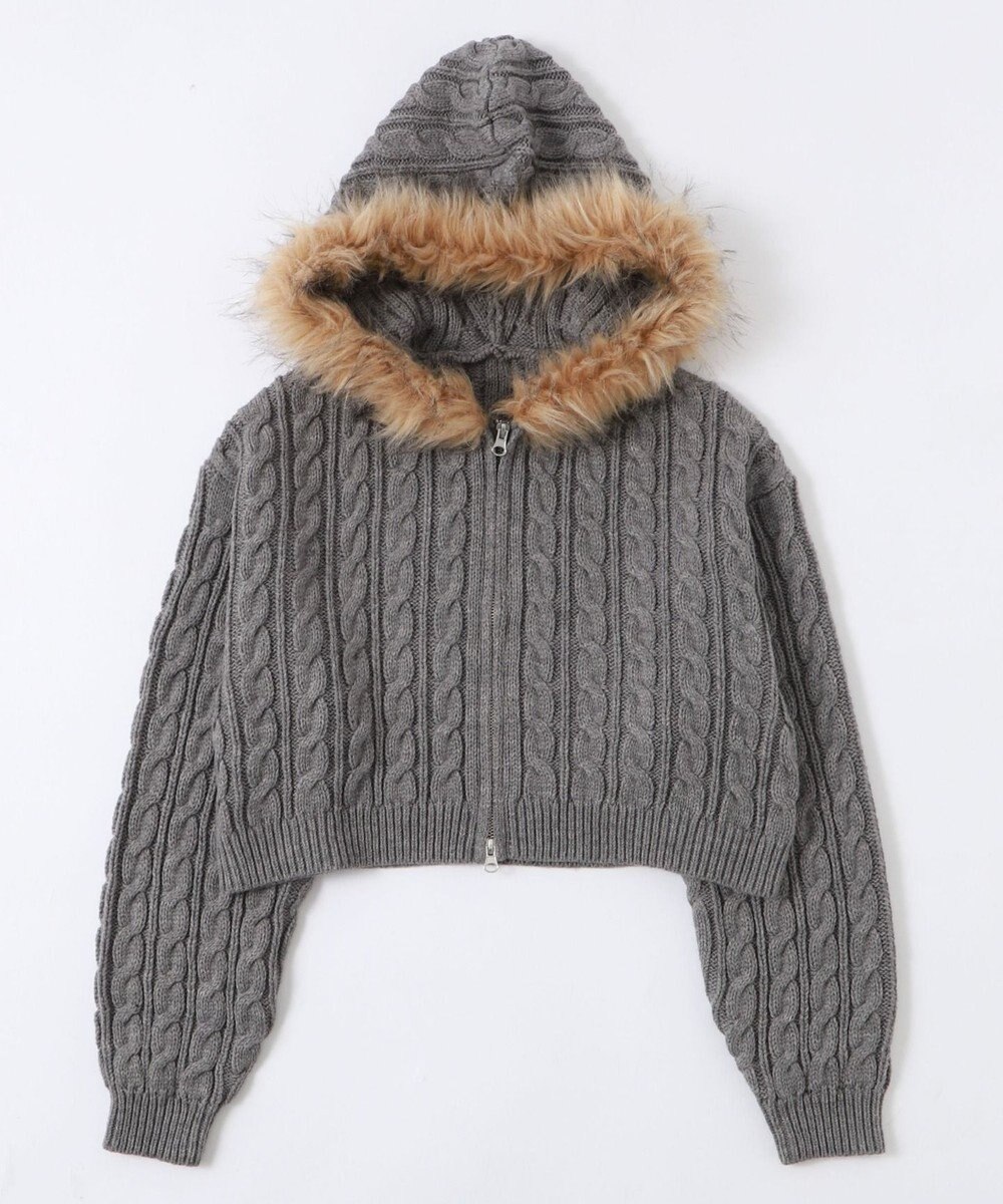 WEGO フェイクファー付きケーブルニットパーカー 