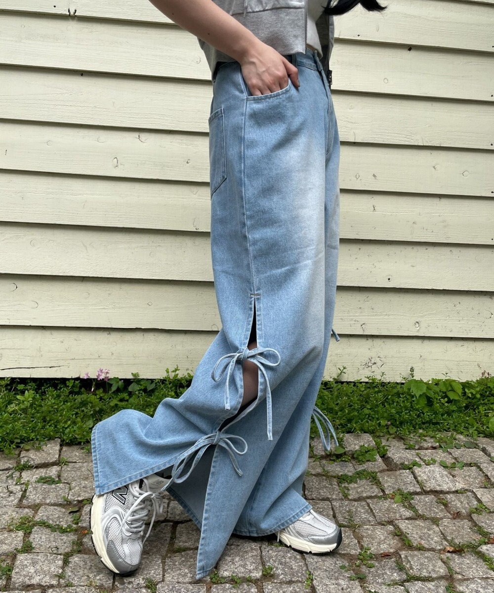 WEGO 【ウエストゴム/楽ちん】サマーデニムサイドリボンパンツ 