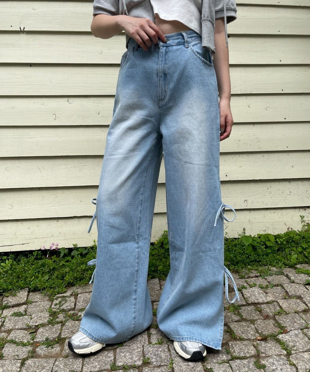 WEGO 【ウエストゴム/楽ちん】サマーデニムサイドリボンパンツ 