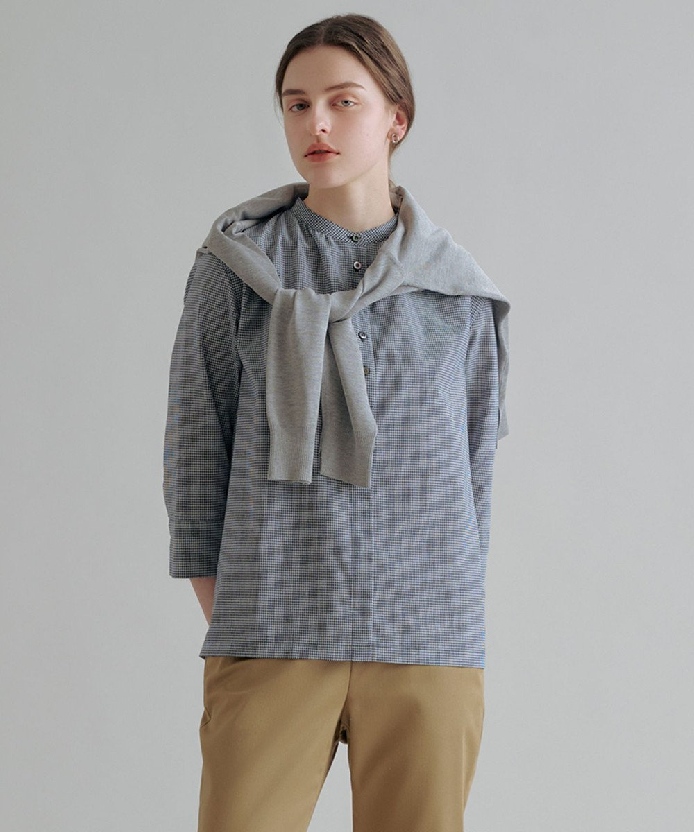 J.PRESS LADIES リネンminiチェック バンドカラー ブラウス 