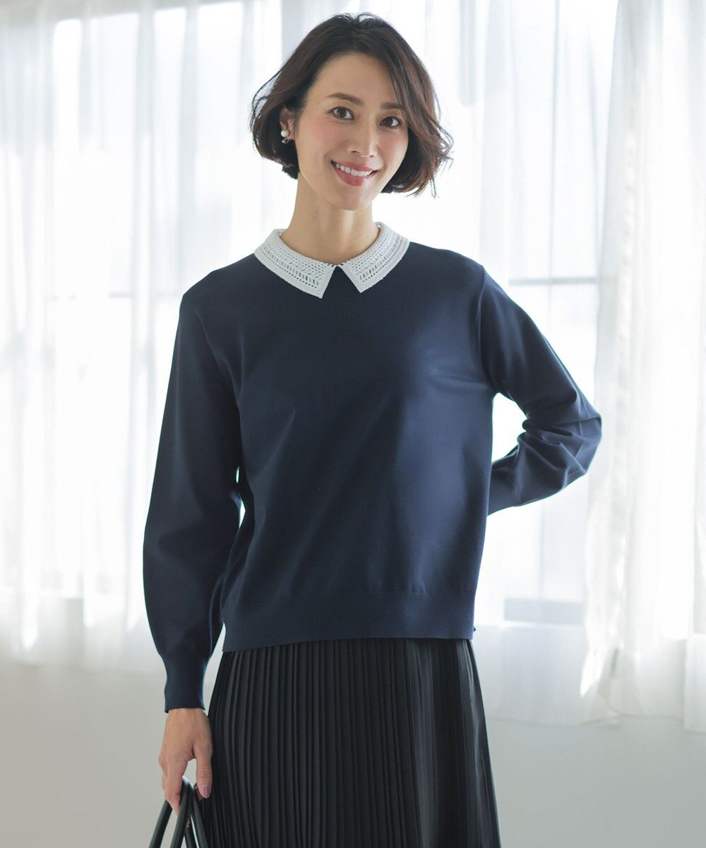 J.PRESS LADIES L レーヨンストレッチ 刺繡襟 ニット 
