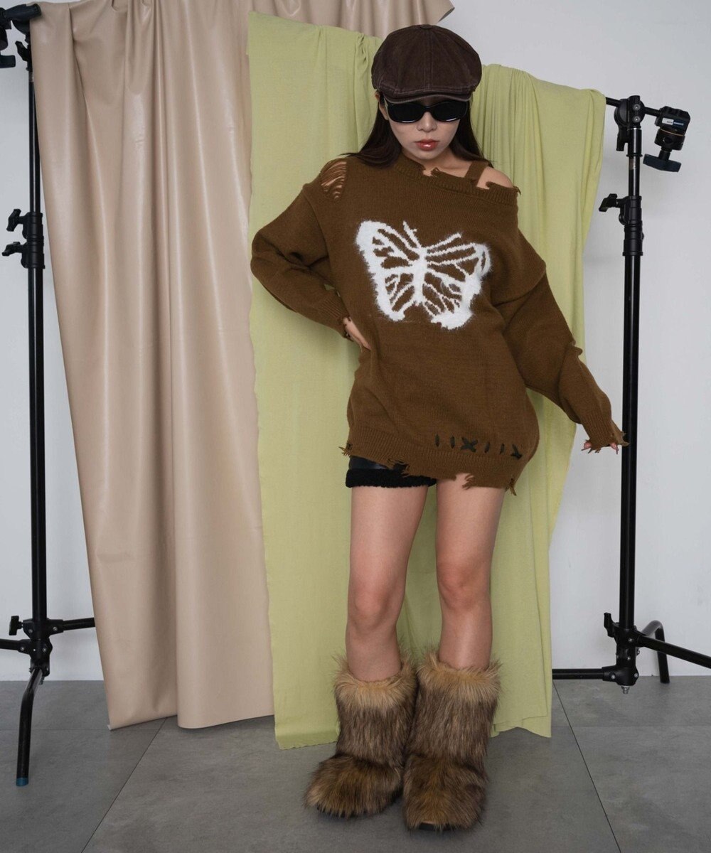 WEGO バタフライダメージワンショルダーニット 