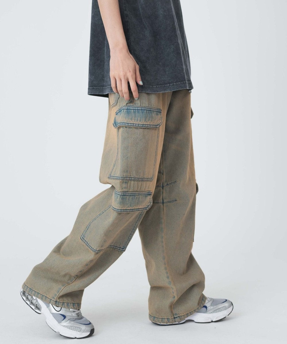 WEGO ヴィンテージウォッシュデニムカーブカーゴパンツ 
