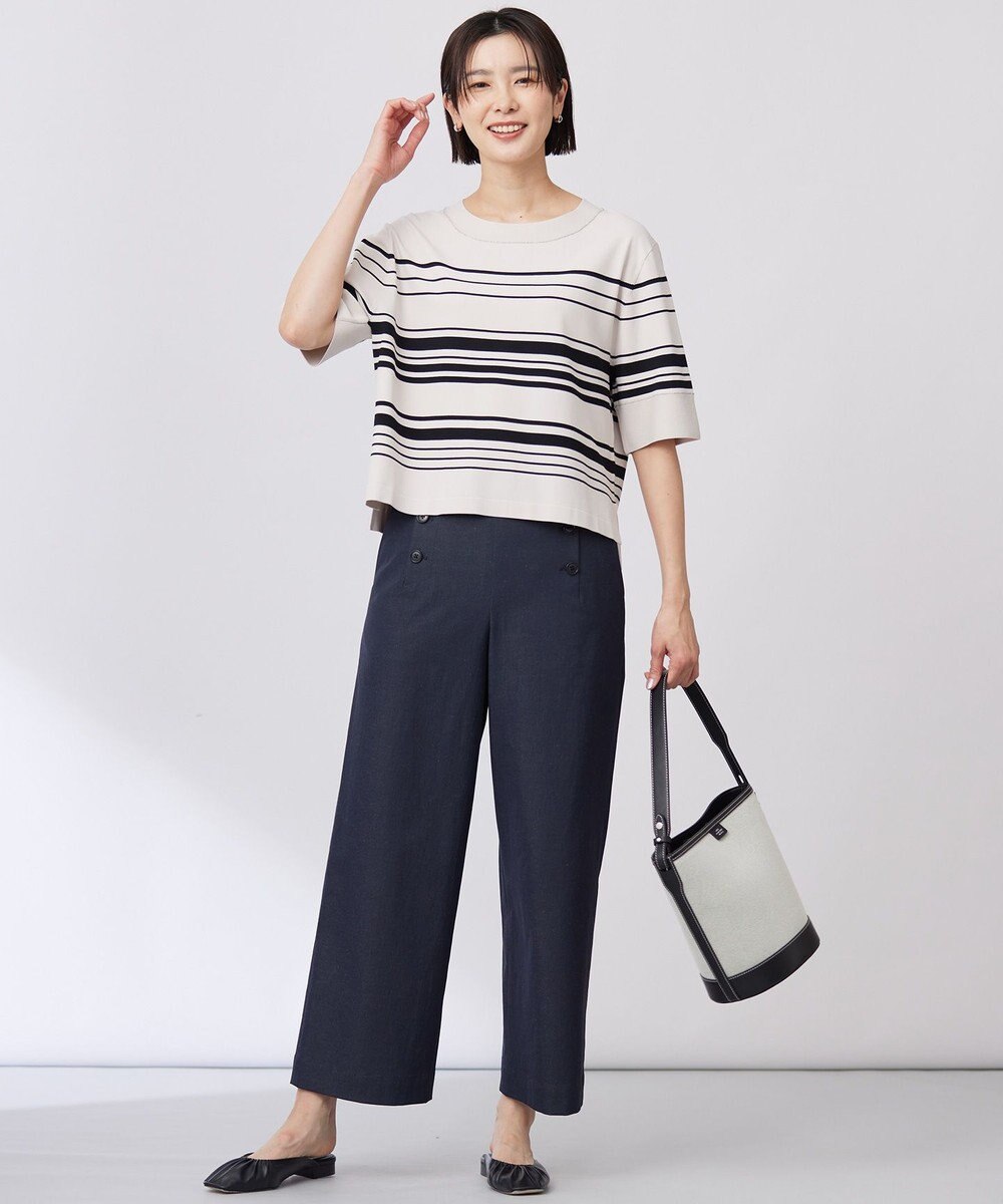 J.PRESS LADIES 【洗える・接触冷感・UVケア・吸水速乾・防透け】麻シェルドライ ワイドストレート マリン パンツ 