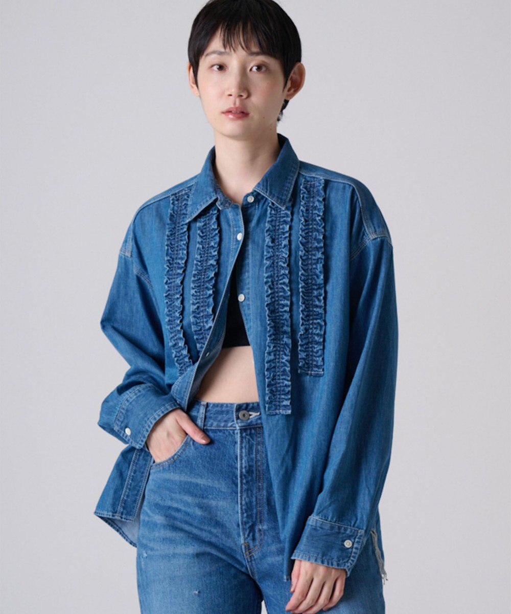 Ripo trenta anni 【ブランド人気】FRILLS WORK DENIM SH フリルデニムシャツ BLUE