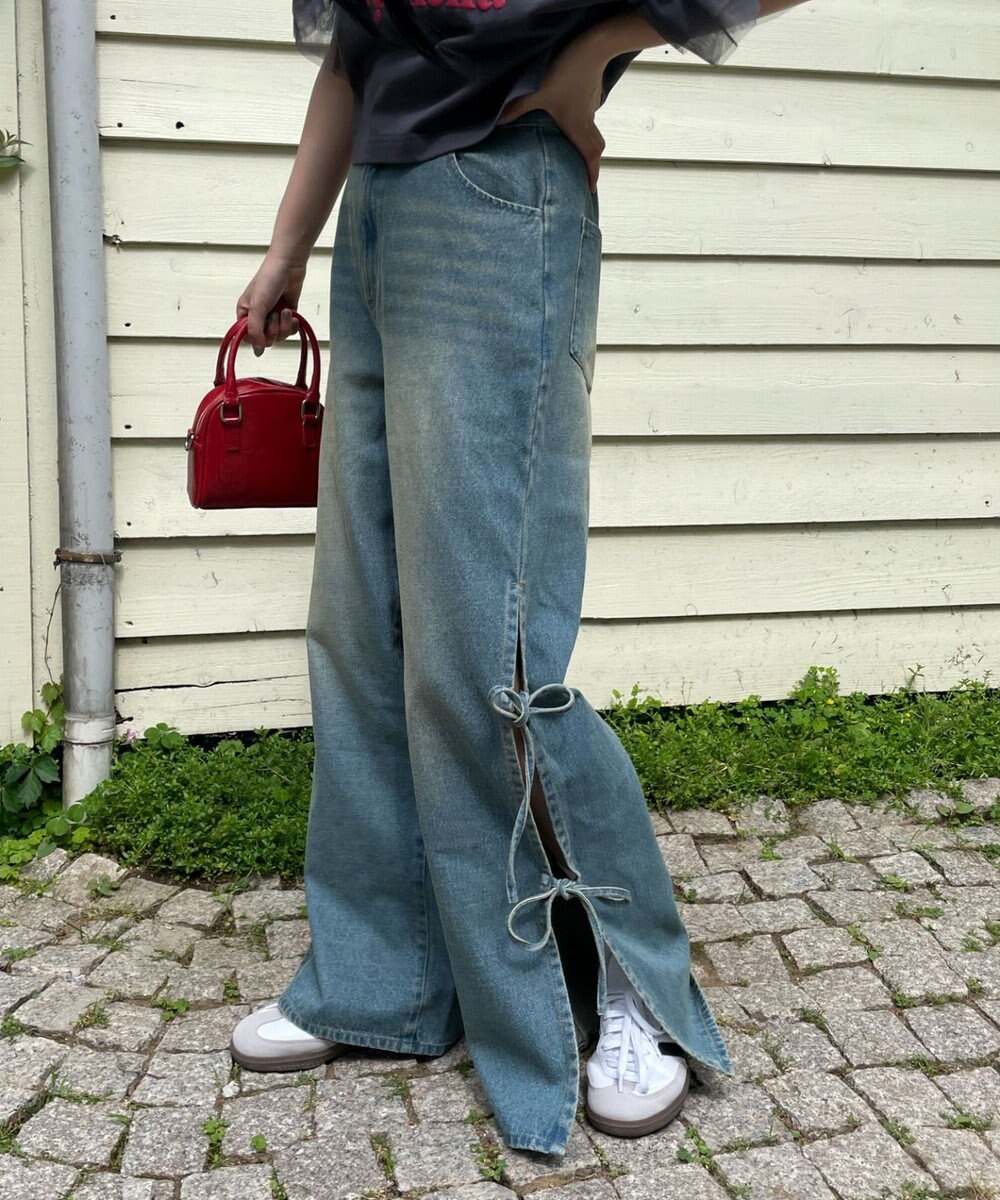 WEGO 【ウエストゴム/楽ちん】サマーデニムサイドリボンパンツ 