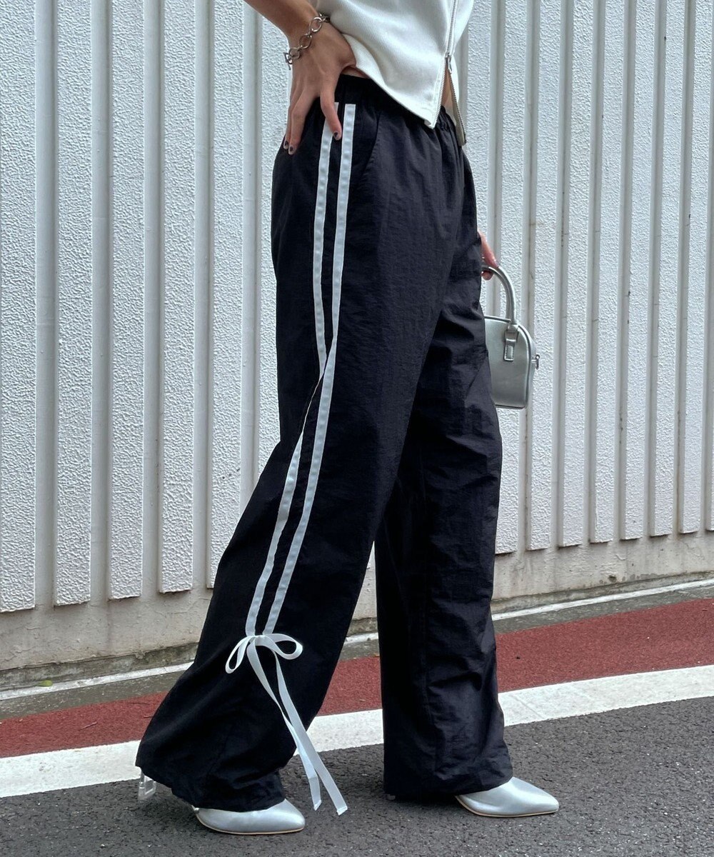 WEGO 【ウエストゴム】ラインリボンデザインナイロンバンツ 