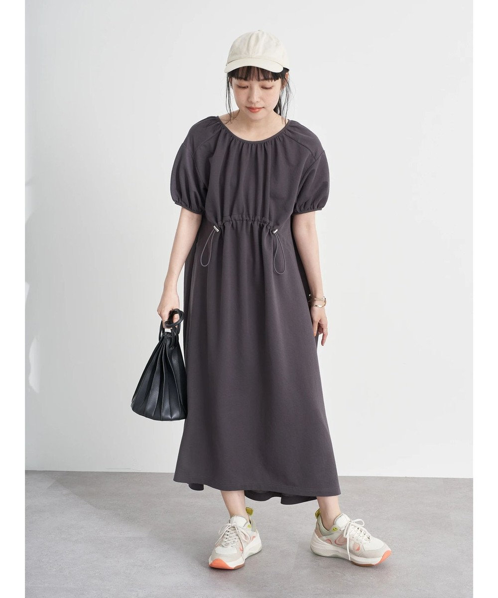 earth music&ecology パフスリーブドロストワンピース Charcoal Gray