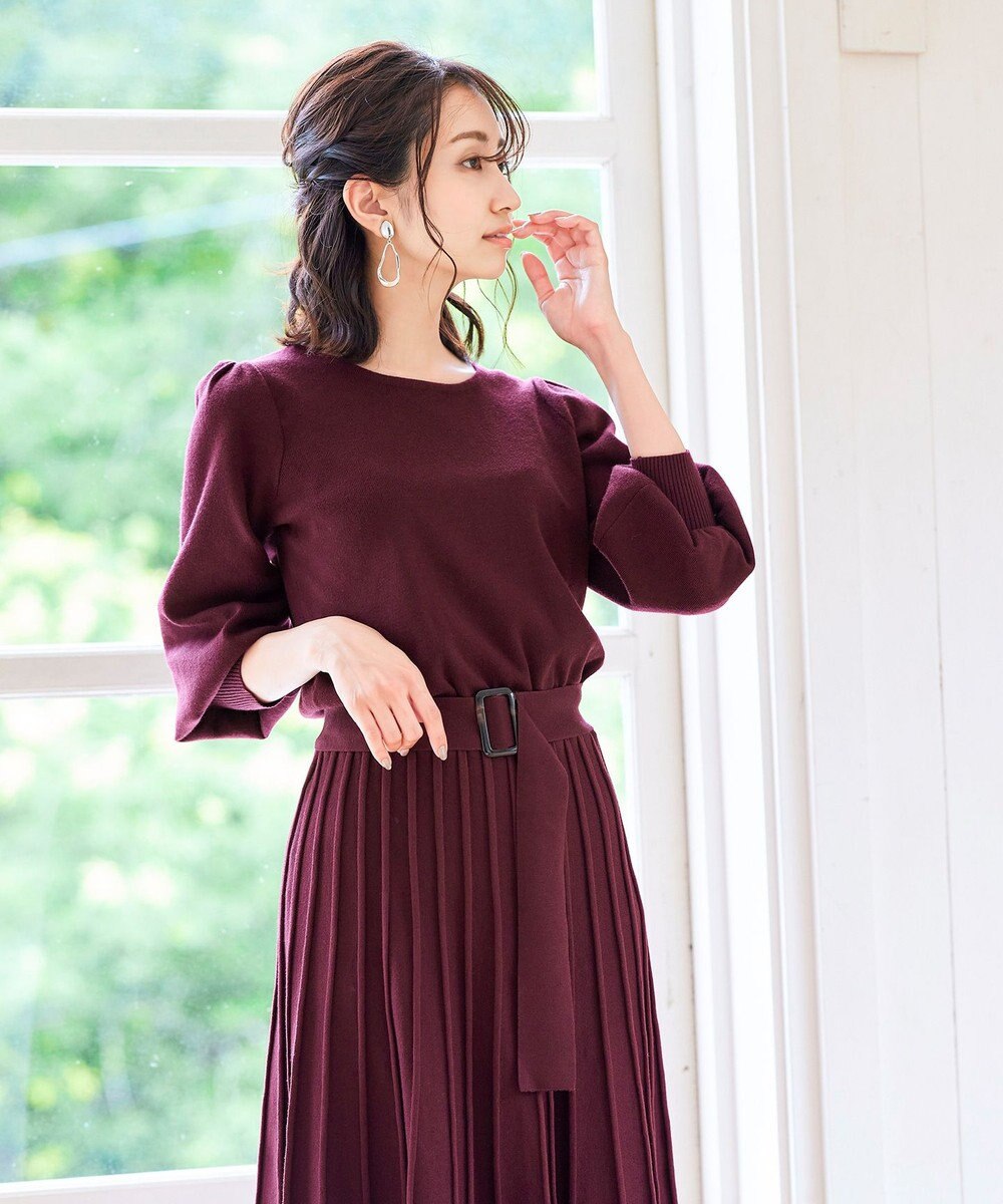 Tiaclasse 【洗える】1枚で着映えするパフ袖プリーツニットワンピース 