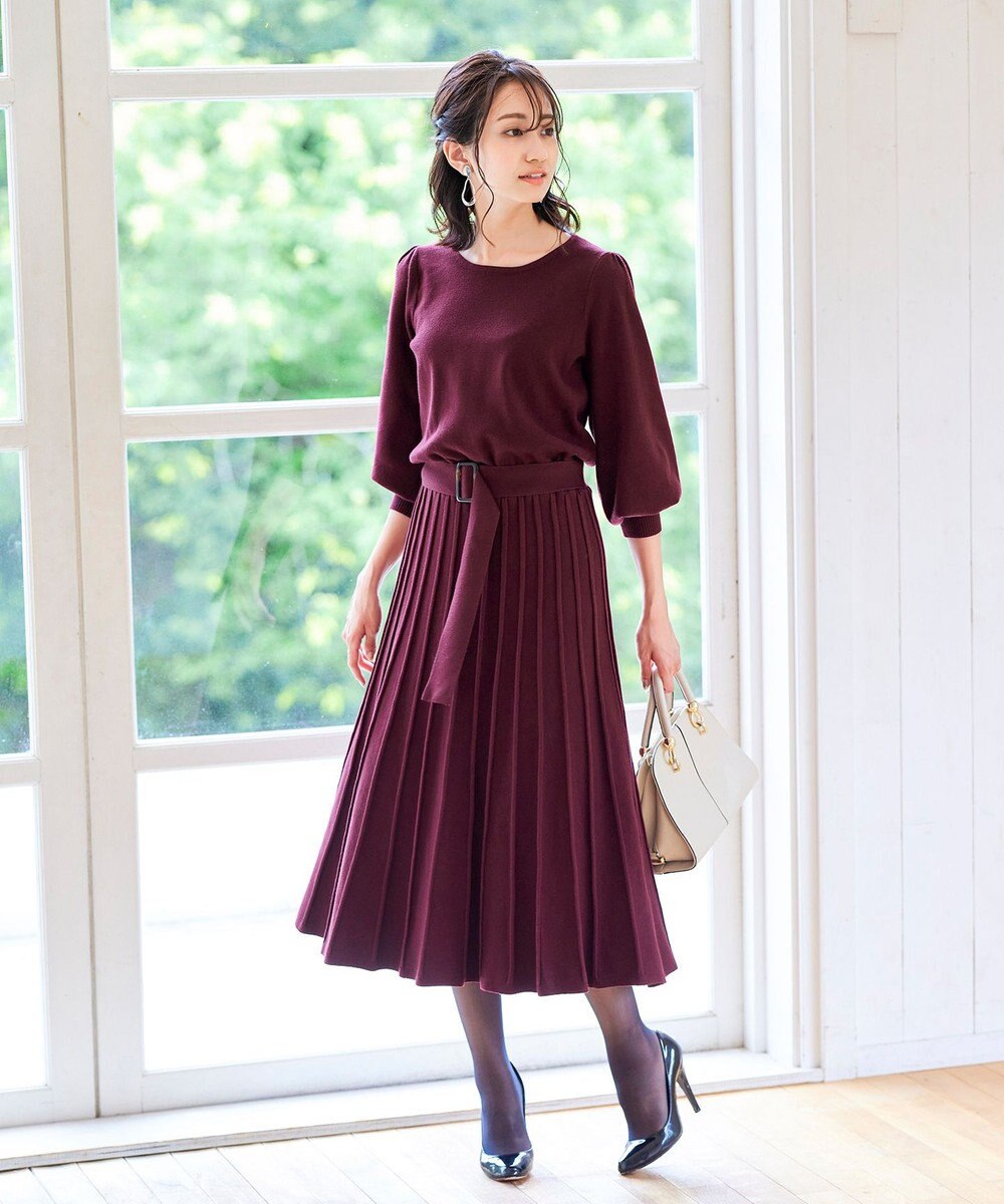 Tiaclasse 【洗える】1枚で着映えするパフ袖プリーツニットワンピース 