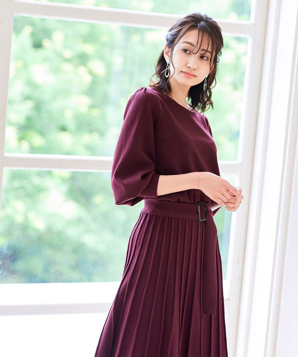 Tiaclasse 【洗える】1枚で着映えするパフ袖プリーツニットワンピース 