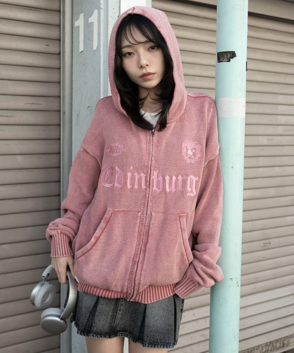 WEGO 【ユニセックス着用ITEM】ブリーチニットグラフィックZIPパーカー 