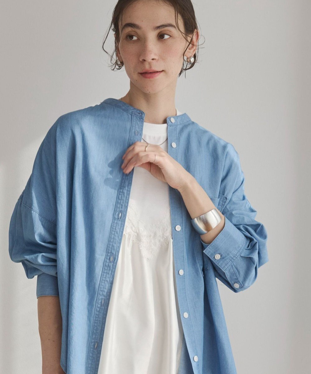 WEGO 【ANGIE VINTAGE】シアーデニムバンドカラーシャツ 
