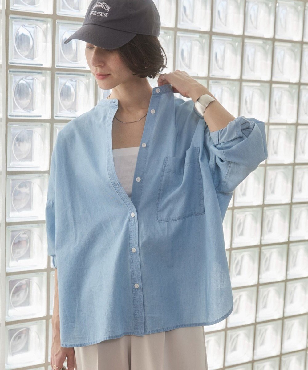 WEGO 【ANGIE VINTAGE】シアーデニムバンドカラーシャツ 