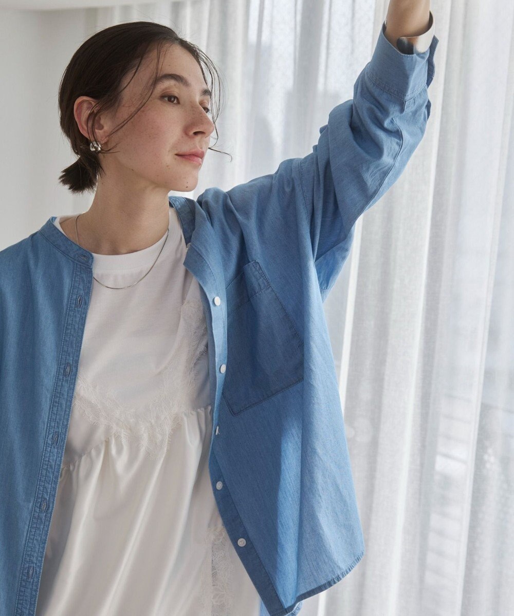 WEGO 【ANGIE VINTAGE】シアーデニムバンドカラーシャツ 
