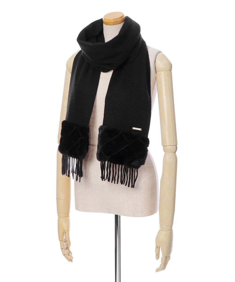 MOONBAT 【WEB限定】フルラ (FURLA)エコファー付きマフラー 無地×キルト風 ウールマフラー ロゴプレート付き 